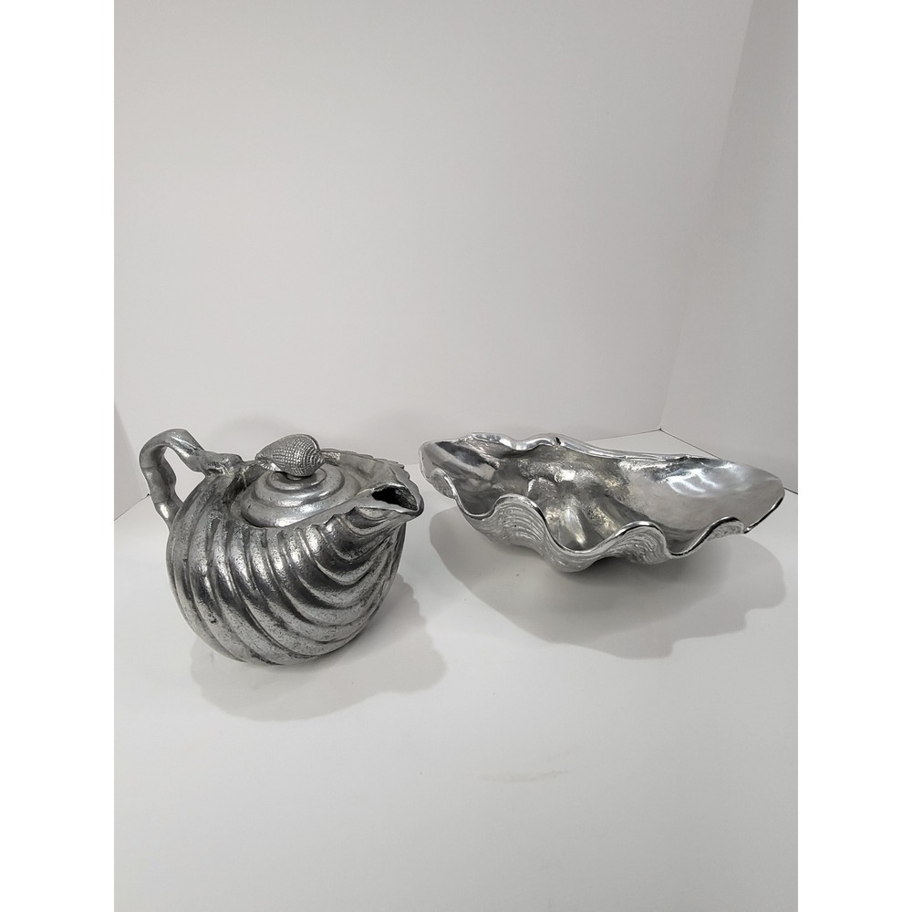 Vintage 1976 Arthur Court Cast Aluminum Clam and Nauticle Tea Pot Set